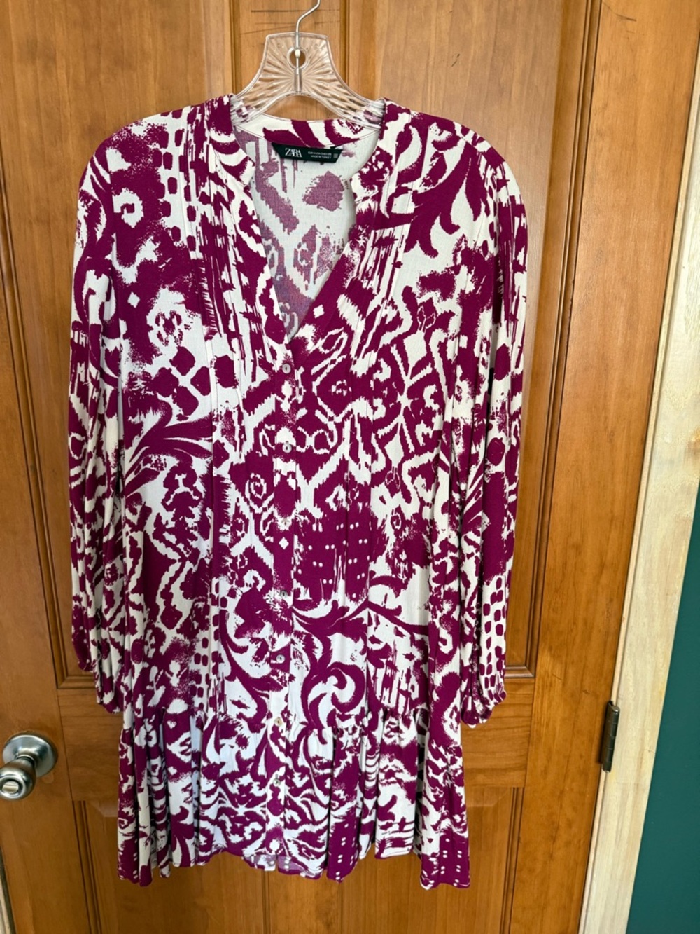 Zara Plum & White Abstract V-Neck Dress Tunic